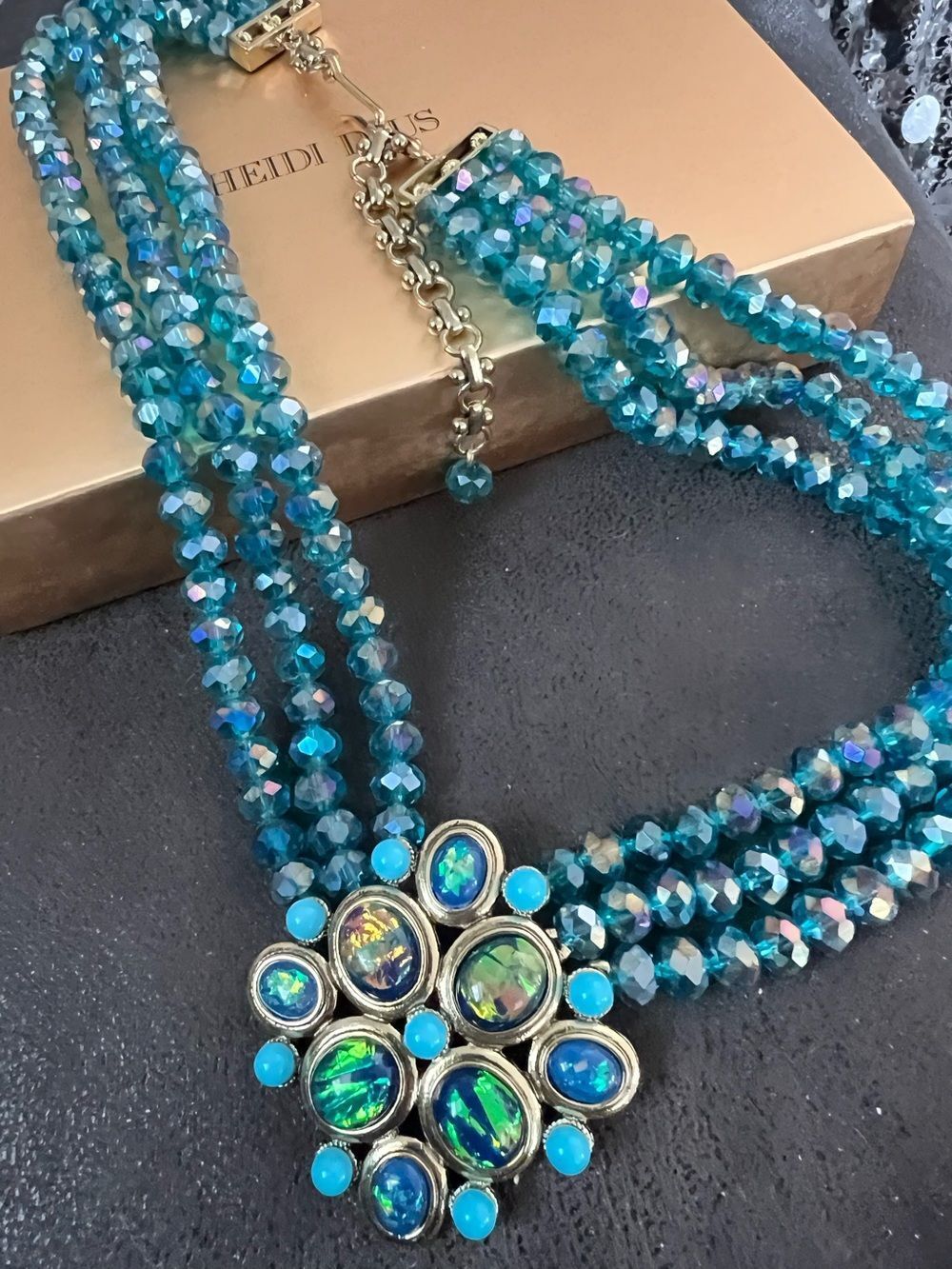 🩵 NEW Stunning Teal Crystal Multi-Strand Statement Necklace 🩵